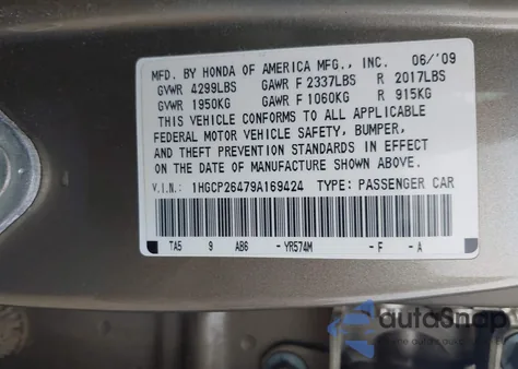 2009 Honda Accord 2.4 Lx-P z USA, uszkodzony, nr VIN 1HGCP26479A169424